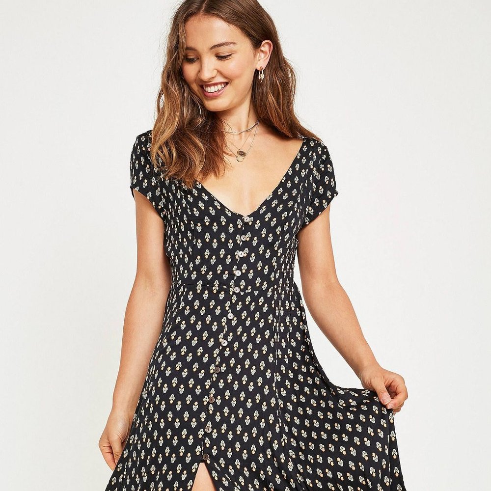 UO Malena Button-Through Black Midi Dress